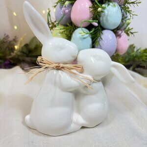 Mommy & Baby White Ceramic Easter Bunny Kissing Sculpture Figurine New 6"  New